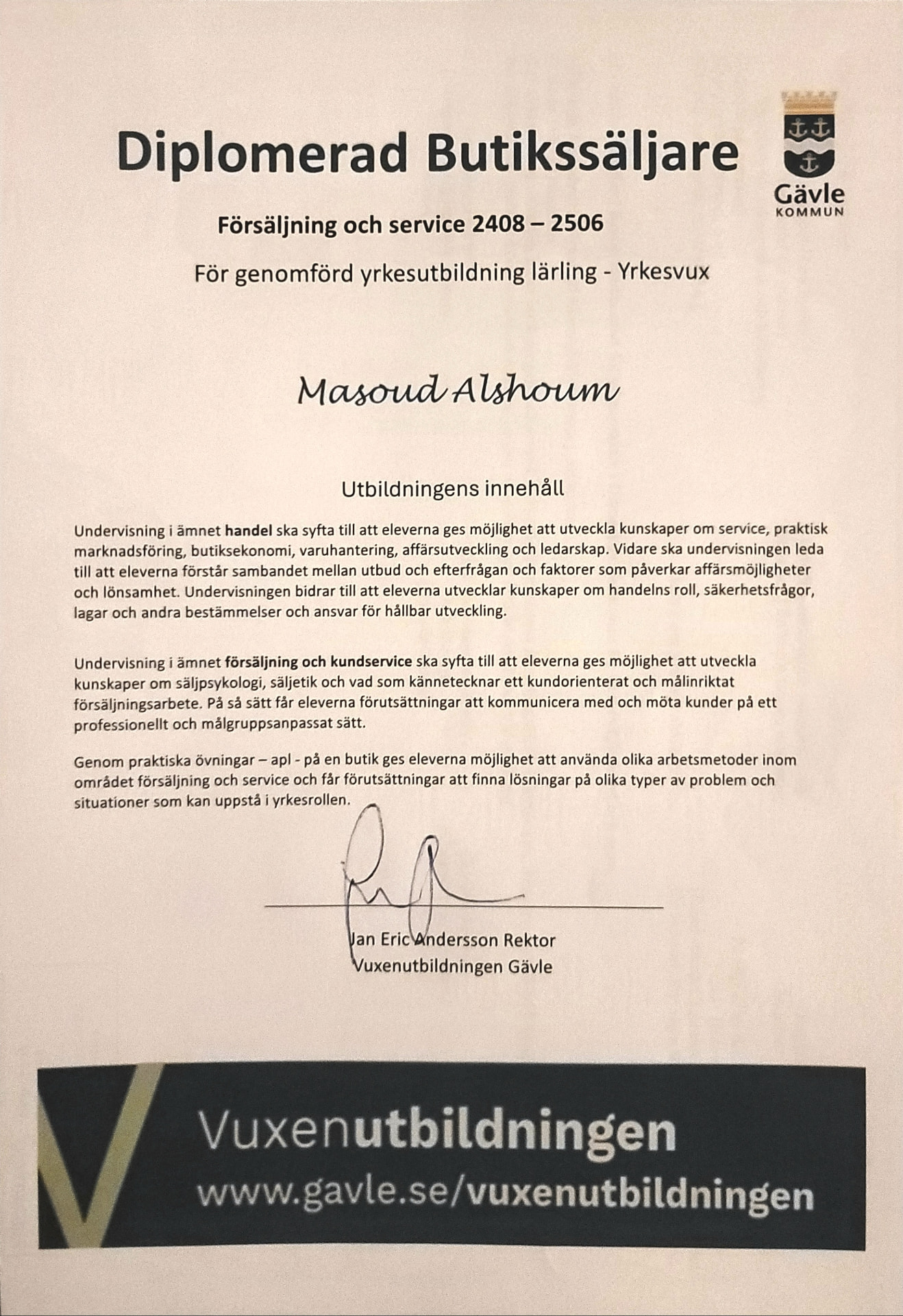 Diplom Diplomerad Butikssäljare, Vuxenutbildningen Gävle